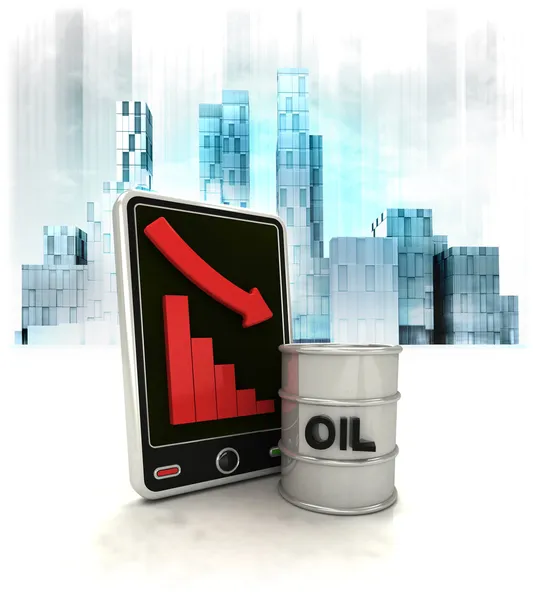Barril de petróleo com resultados negativos on-line no distrito de negócios — Fotografia de Stock