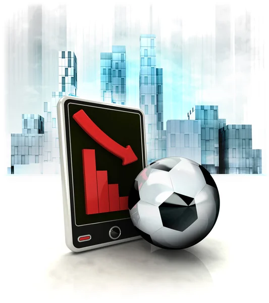Soccer ball with negative online results in business district — Stock Photo, Image
