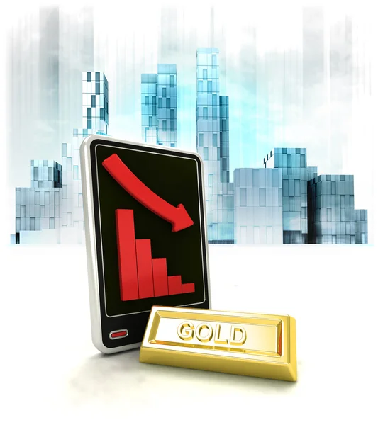 Gold commodity with negative online results in business district — Stock Photo, Image