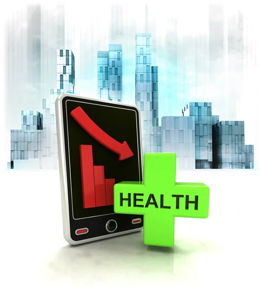 Health cross with negative online results in business district — Stock Photo, Image