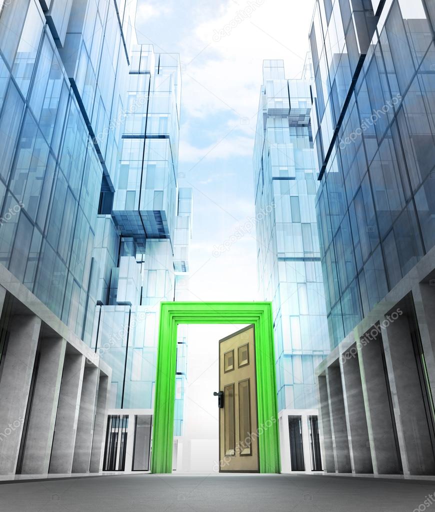 Opened green door frame in business city