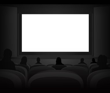 white black cinema screen with spectators in auditorium vector clipart