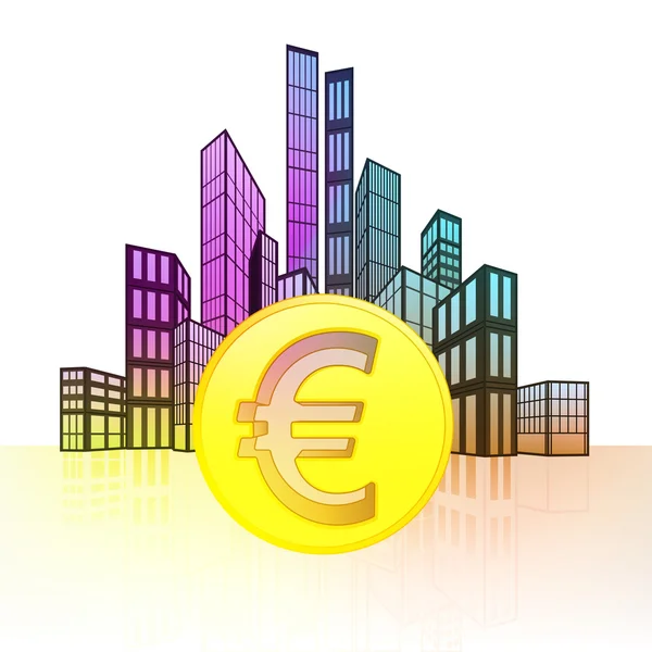 Moneda de oro en euros con colorido paisaje urbano — Vector de stock