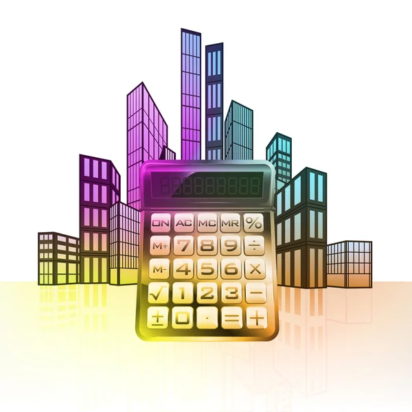 Calculadora de negocios con paisaje urbano colorido — Vector de stock