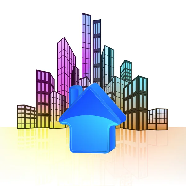 Immobilien-Ikone mit buntem Stadtbild — Stockvektor