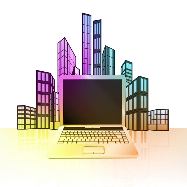 Ny laptop med färgglada stadsbild — Stock vektor