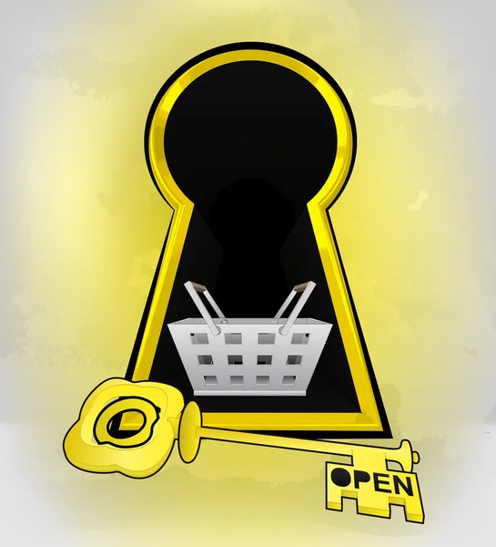 Keyhole golden shopping entrance with basket inside — Stock Vector