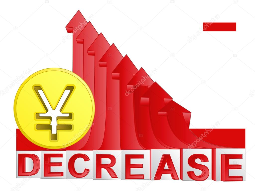 golden Yuan coin with red descending arrow graph vector