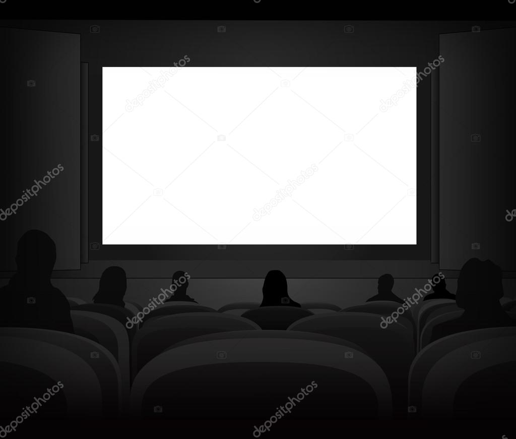 white black cinema screen with spectators in auditorium vector