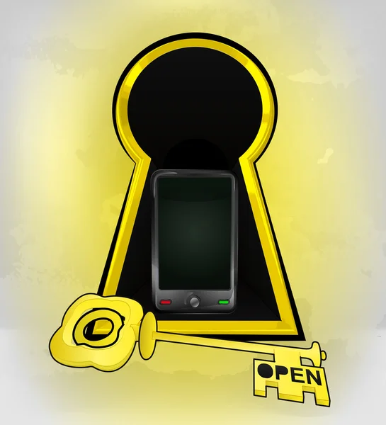Cerradura de entrada dorada con teléfono inteligente en el interior — Archivo Imágenes Vectoriales