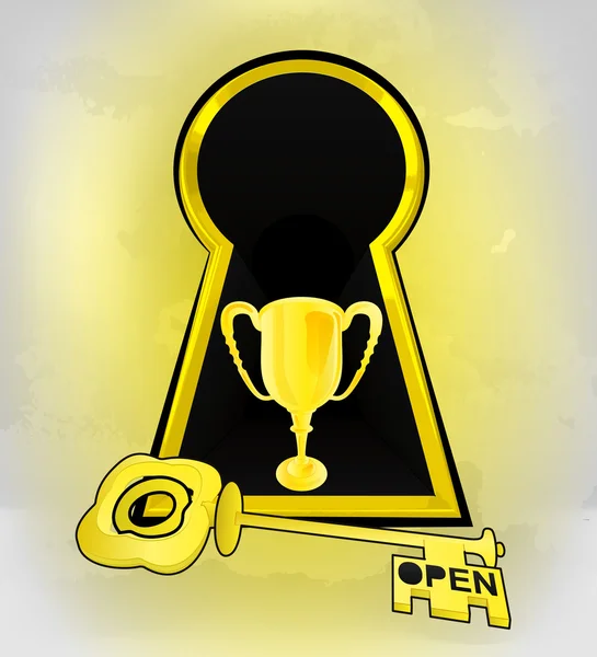Ojo de cerradura entrada dorada con trofeo campeón — Vector de stock