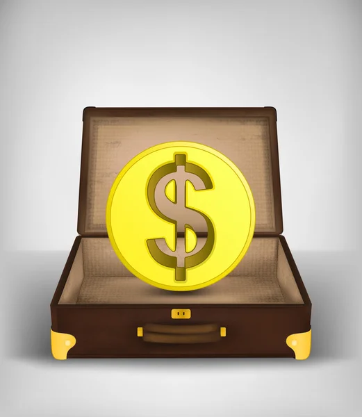 Gouden dollar munt in open reizen koffer — Stockvector