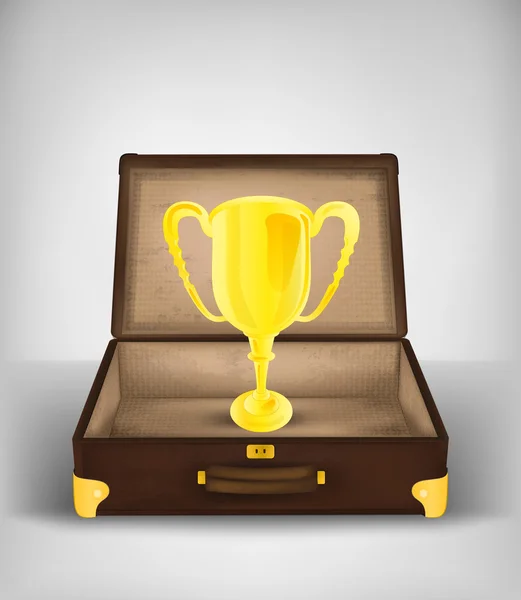 Золотой кубок чемпиона в открытом чемодане — стоковый вектор