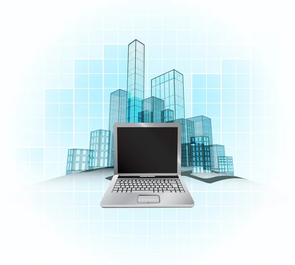 Travail d'ordinateur portable dans la ville de bureau moderne — Image vectorielle