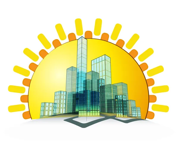 Sunrise over modern office city — Stock Vector