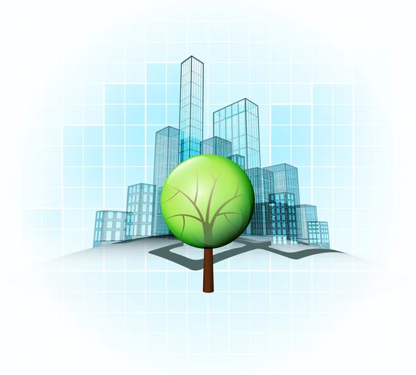 Leafy tree in modern office city — Stock Vector