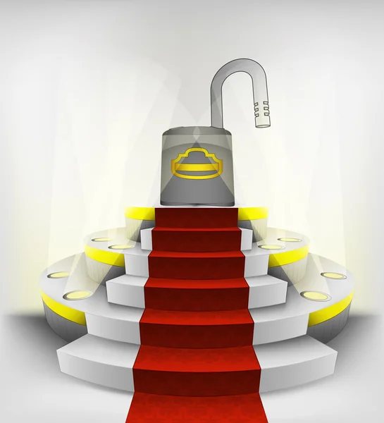 Open padlock on round podium — Stock Vector