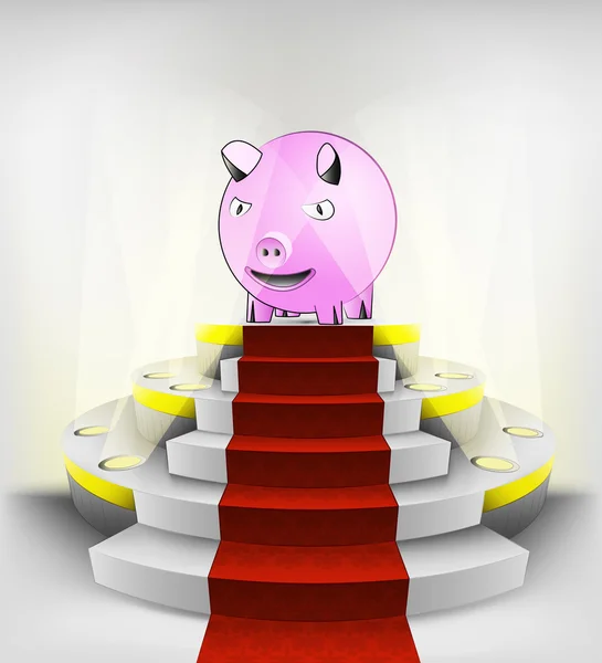 Cerdo feliz en podio redondo — Vector de stock