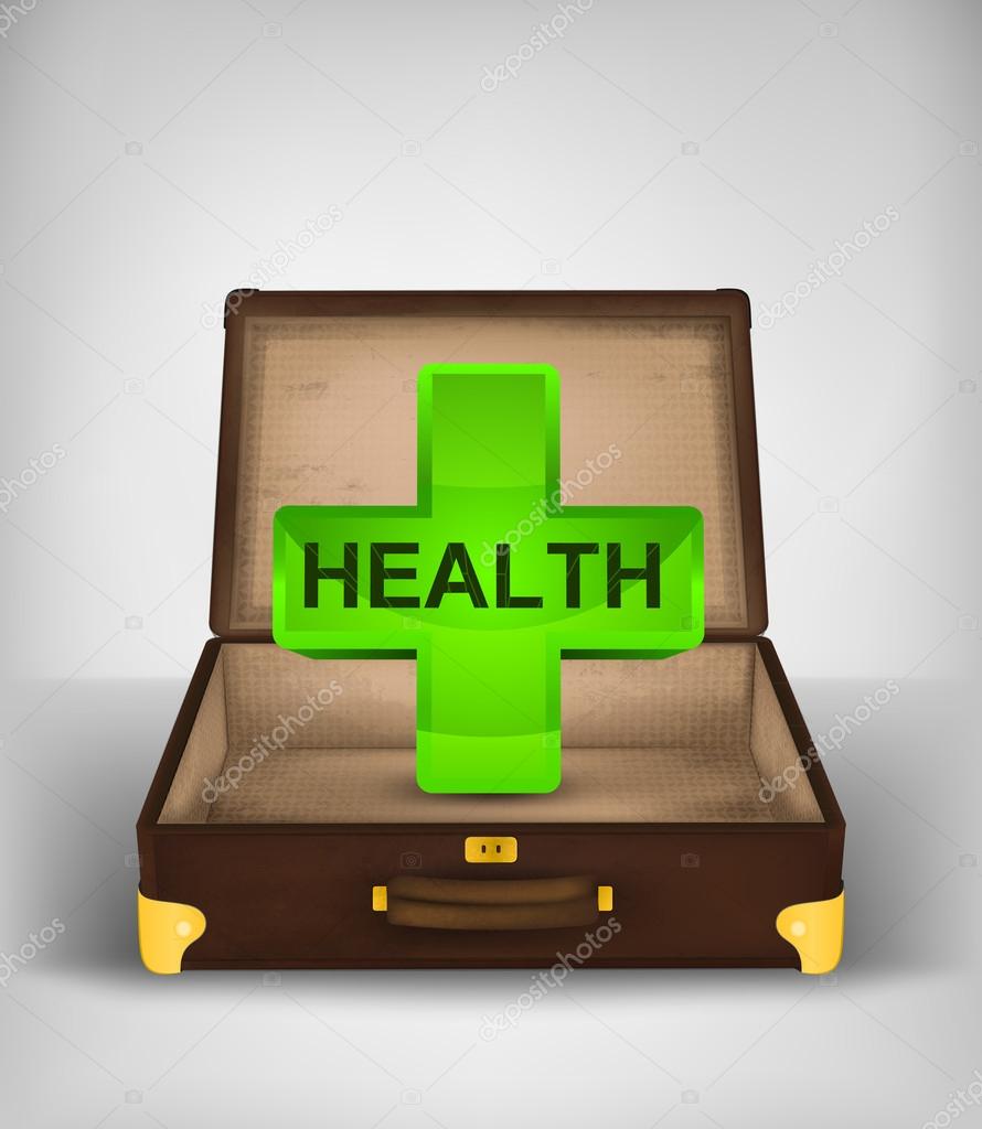 Health symbol in open travel suitcase