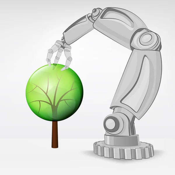 Arbre feuillu nature tenue par robot automatisé vecteur main — Image vectorielle