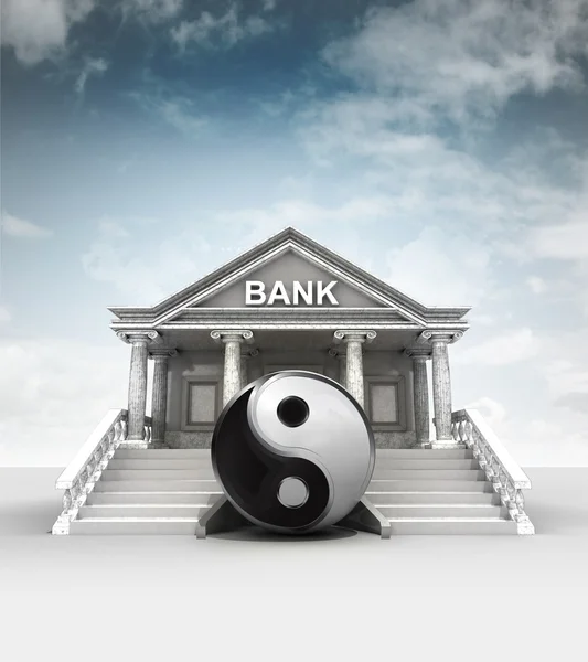 Financial balance in front of bank in classic style with sky — Stock Photo, Image