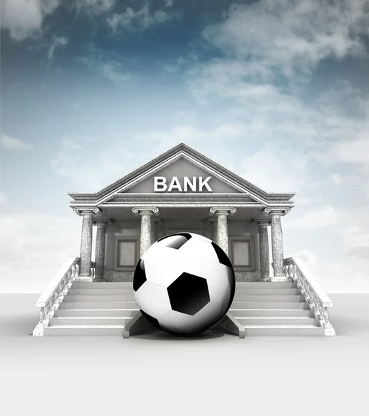 Football ball in front of bank in classic style with sky — Stock Photo, Image