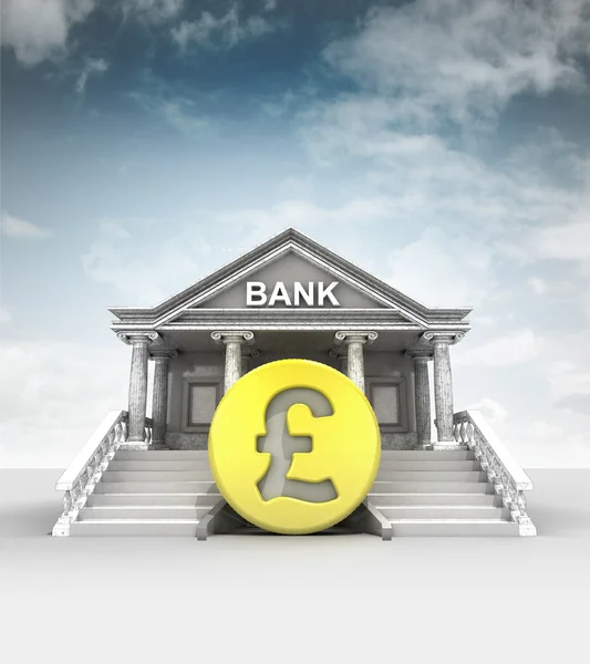 Golden Pound coin in front of bank in classic style with sky — Stock Photo, Image