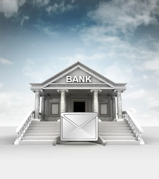 Email message in front of bank in classic style with sky — Stock Photo, Image