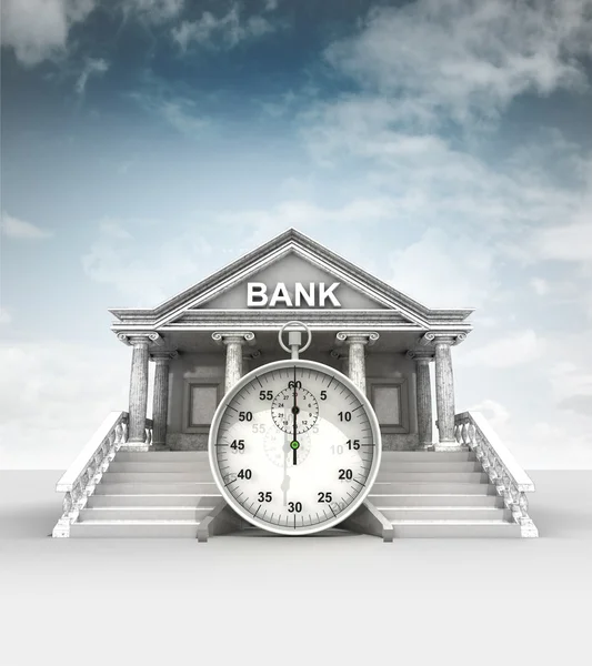 Cronómetro frente al banco en estilo clásico con cielo —  Fotos de Stock