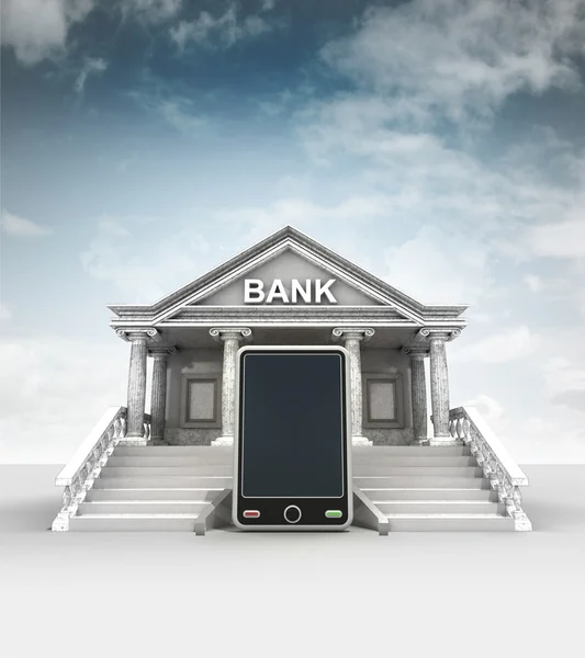 New smart phone in front of bank in classic style with sky — Stock Photo, Image