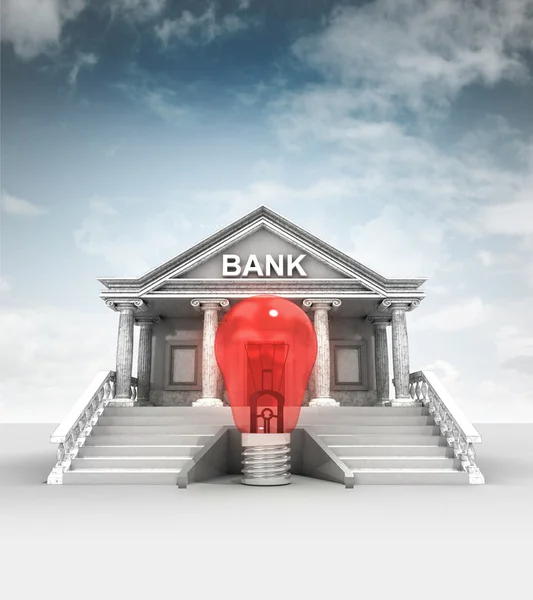 Red lightbulb in front of bank in classic style with sky — Stock Photo, Image