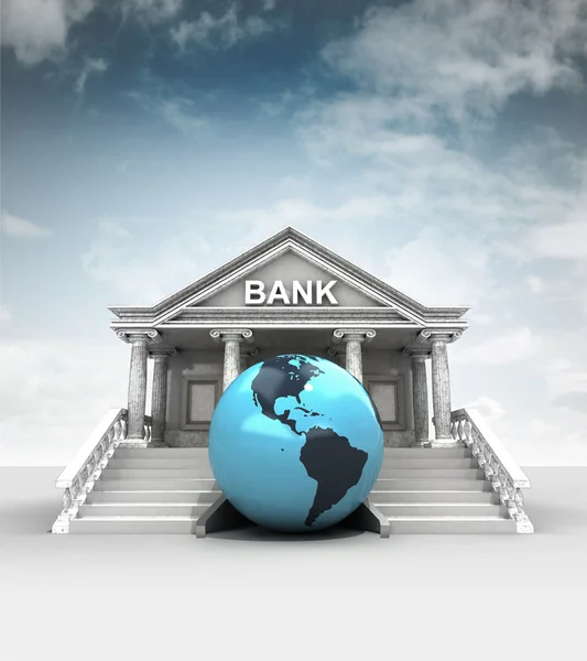 America earth globe in front of bank in classic style with sky — Stock Photo, Image