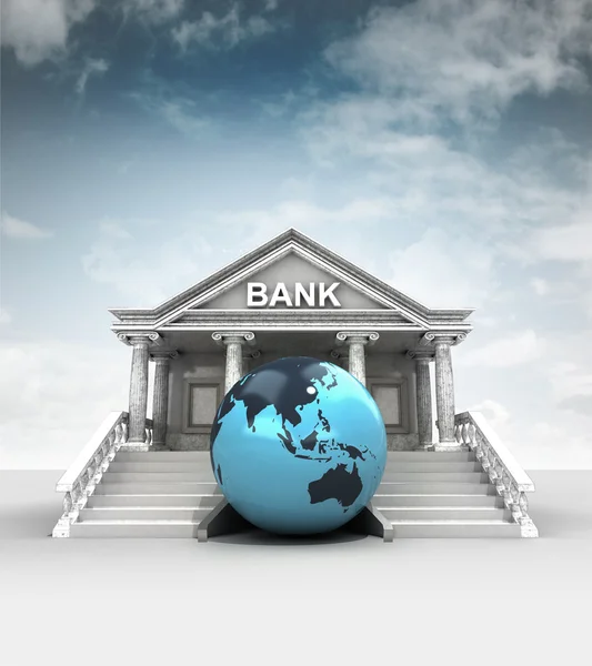 Asia earth globe in front of bank in classic style with sky — Stock Photo, Image