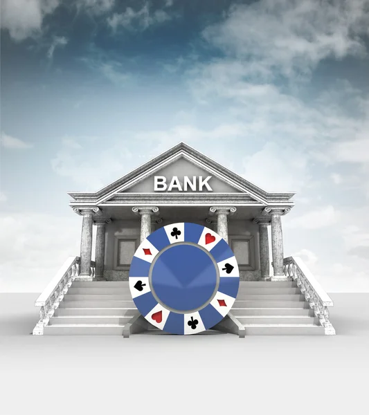 Chip di poker di fronte alla banca in stile classico con cielo — Foto Stock