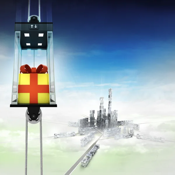 Gift wrapping in sky space elevator concept above city — Stock Photo, Image