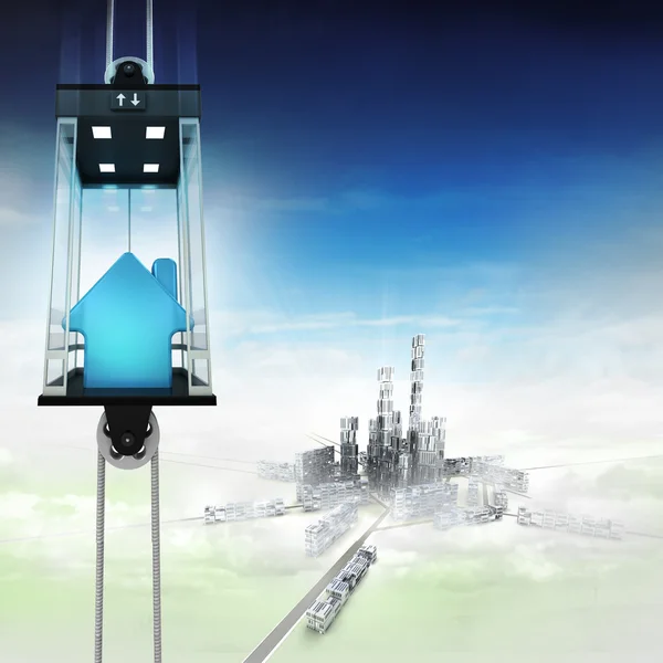 House estate in sky space elevator concept above city — Stock Photo, Image