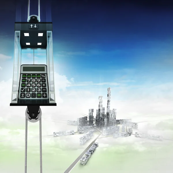 Business calculator in sky space elevator concept above city — Stock Photo, Image