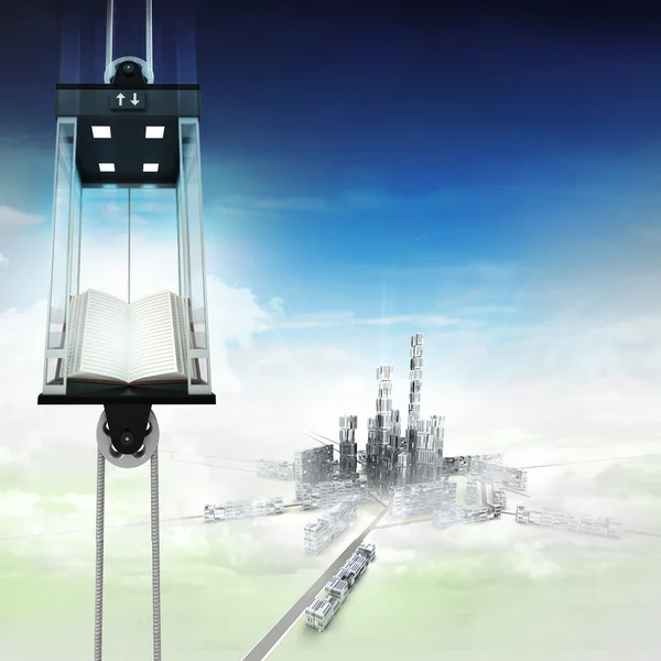 Open book in sky space elevator concept above city — Stock Photo, Image