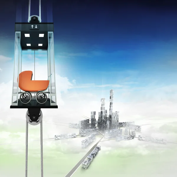 Red pushchair in sky space elevator concept above city — Stock Photo, Image
