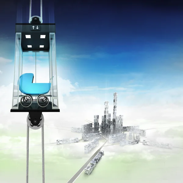 Blue pushchair in sky space elevator concept above city — Stock Photo, Image