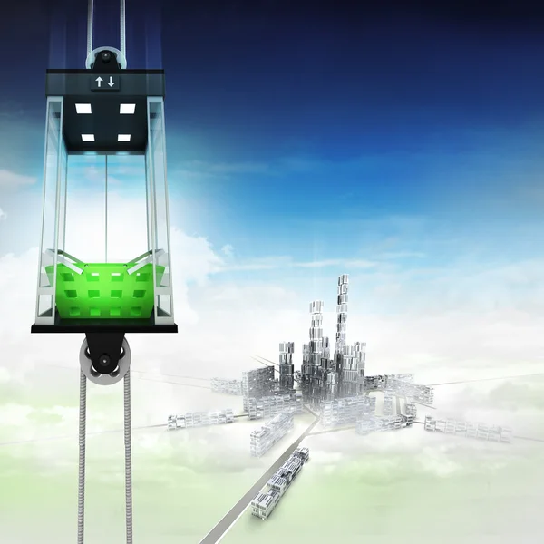 Shopping basket in sky space elevator concept above city — Stock Photo, Image
