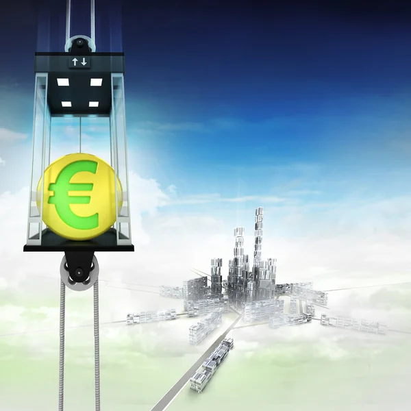 Golden Euro coin in sky space elevator concept above city — Stock Photo, Image