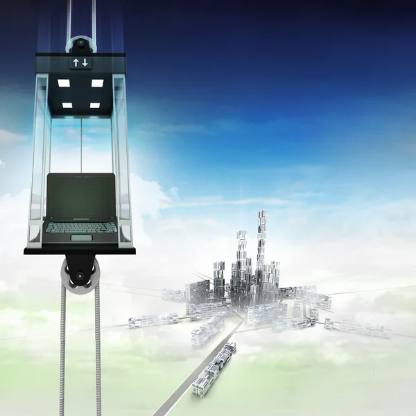 Nuevo portátil en cielo espacio ascensor concepto por encima de la ciudad —  Fotos de Stock
