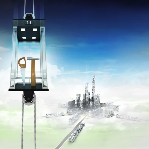 Manual tools in sky space elevator concept above city — Stock Photo, Image
