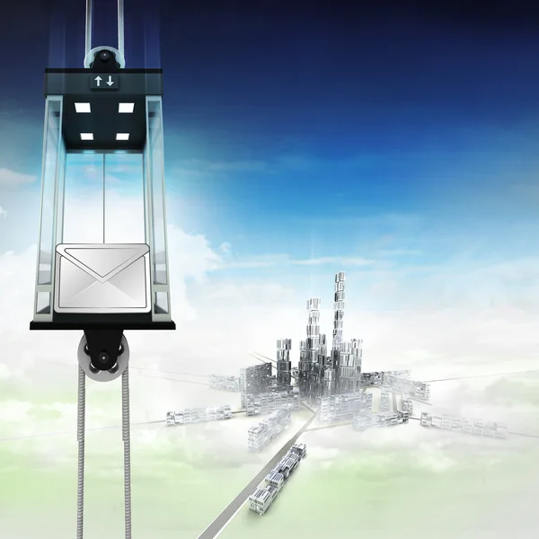 Email message in sky space elevator concept above city — Stock Photo, Image