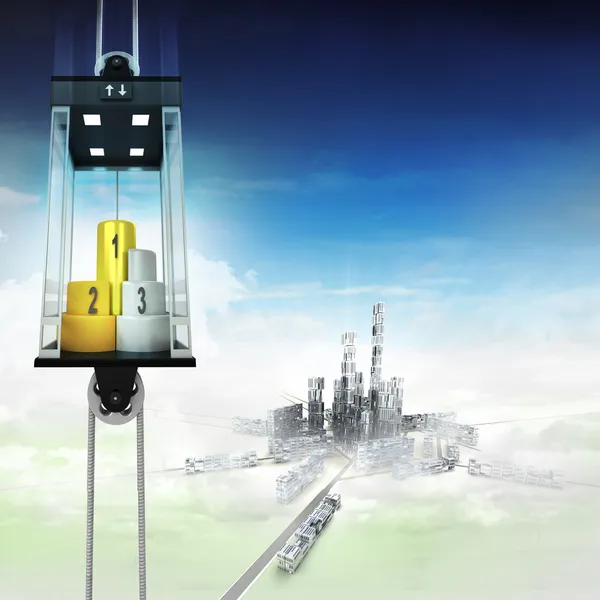 Champion stand in sky space elevator concept above city — Stock Photo, Image