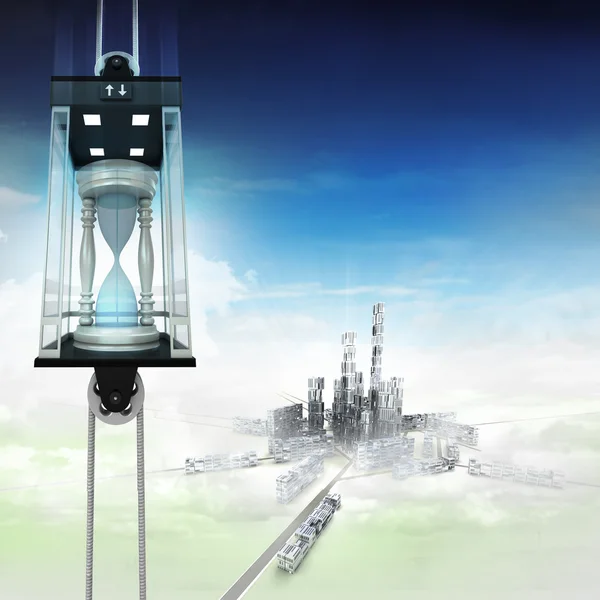 Hourglass in sky space elevator concept above city — Stock Photo, Image