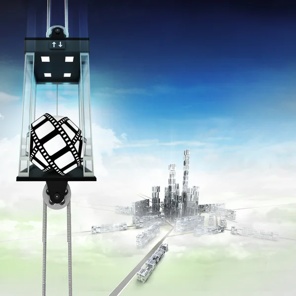 Movie tape in sky space elevator concept above city — Stock Photo, Image