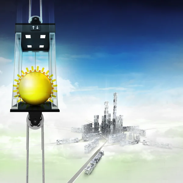 Holiday sun in sky space elevator concept above city — Stock Photo, Image
