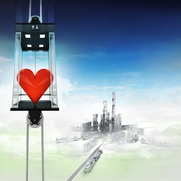 Love heart in sky space elevator concept above city — Stock Photo, Image